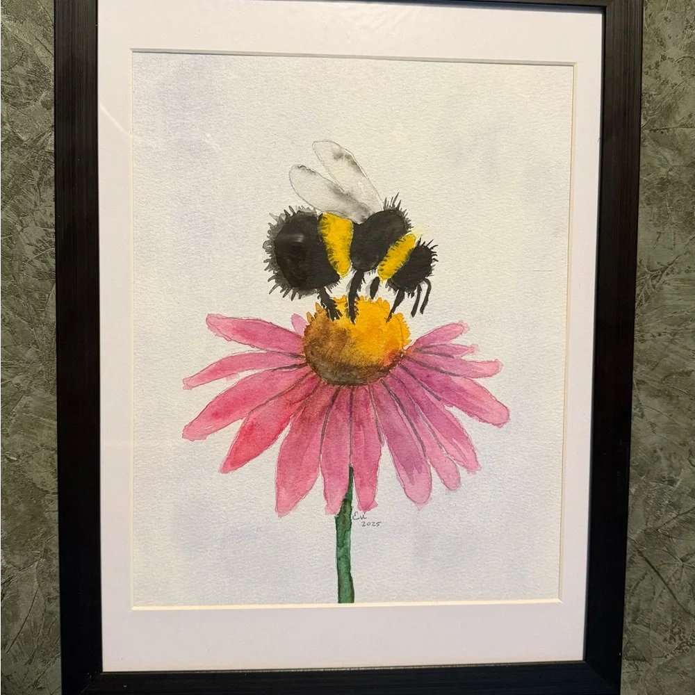 Bee and Flower watercolor original 8x10 local artist (aka my mom) 👩🎨 - Picture 1 of 3